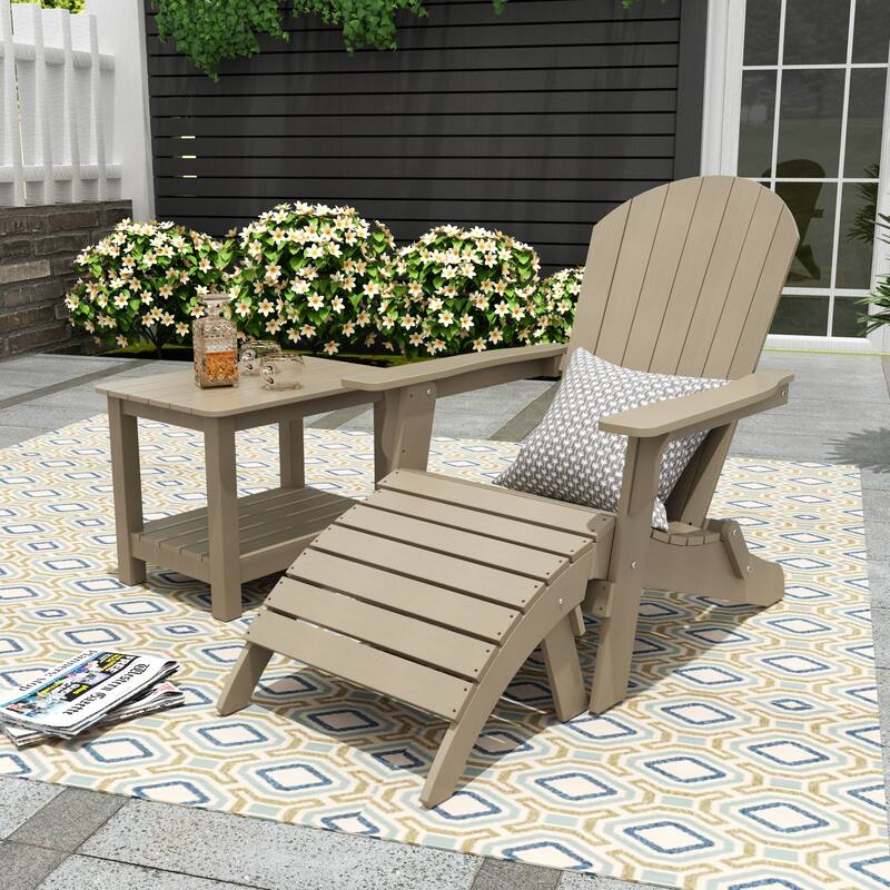 Vineyard HIPS Outdoor Folding Eco-Friendly Seashell Adirondack Chair with Ottoman & Side Table (3-Piece Set) - Taupe