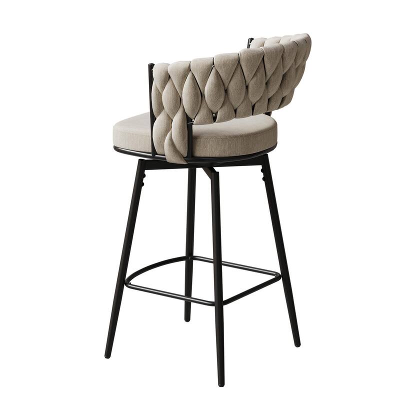 Swivel Bar Stools Set of 2, Upholstered Kitchen Island Chair with Woven Back, Counter Height Chair with Footrest