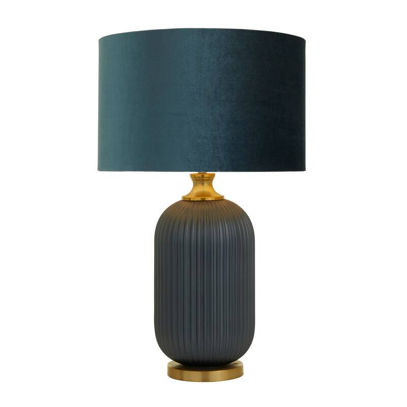 Blue Fabric Ribbed Table Lamp with Velvet Shade and Gold Accents
