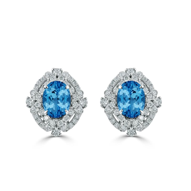Auriya 3 1/5ct Vintage Oval-cut Blue Topaz Halo Diamond Stud Earrings 5/8ctw 18k Gold