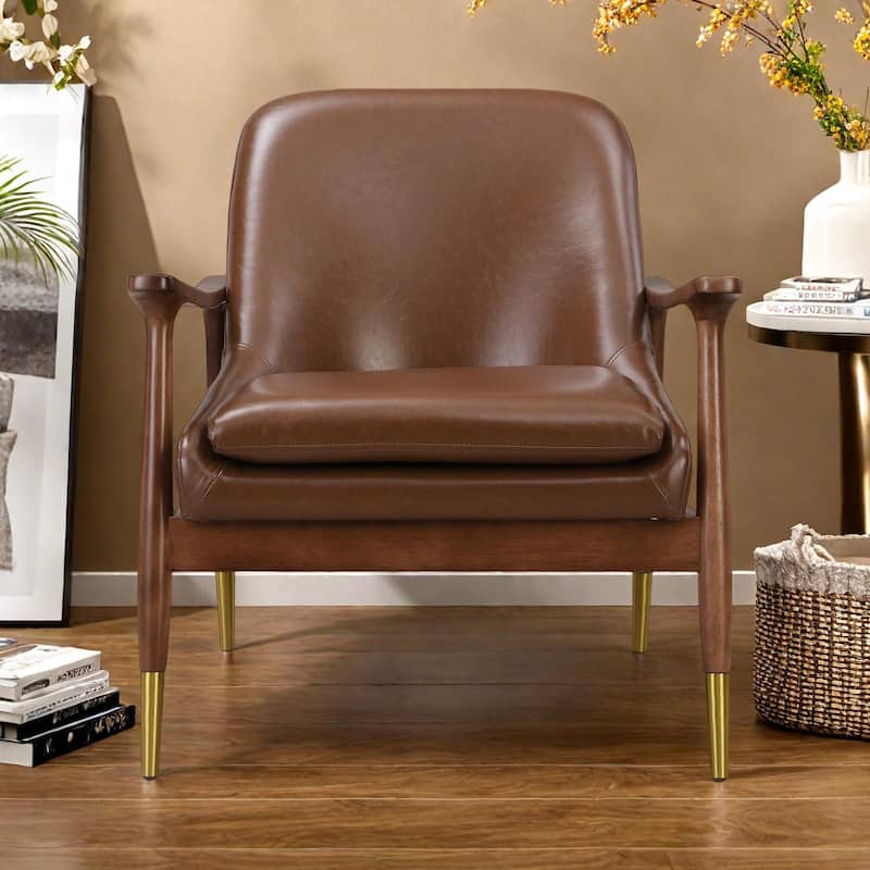 Faux Leather Mid-Century Accent Chair with Cushioned Seat, Solid Wood Frame, and Brass-Tipped Legs