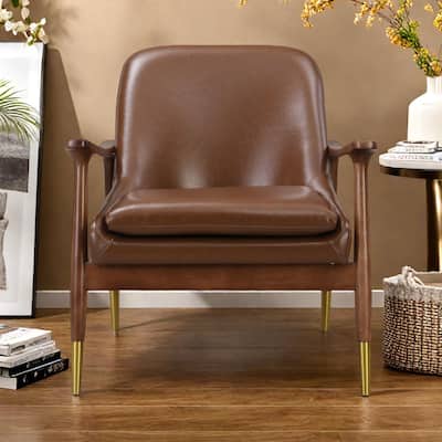 Faux Leather Mid-Century Accent Chair with Cushioned Seat, Solid Wood Frame, and Brass-Tipped Legs