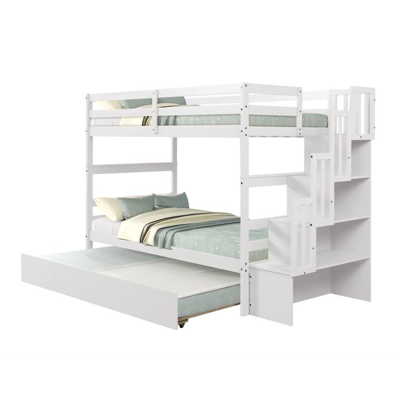 Twin Size Solid Pine Bunk Bed with Trundle Bed,Detachable Bed Frames