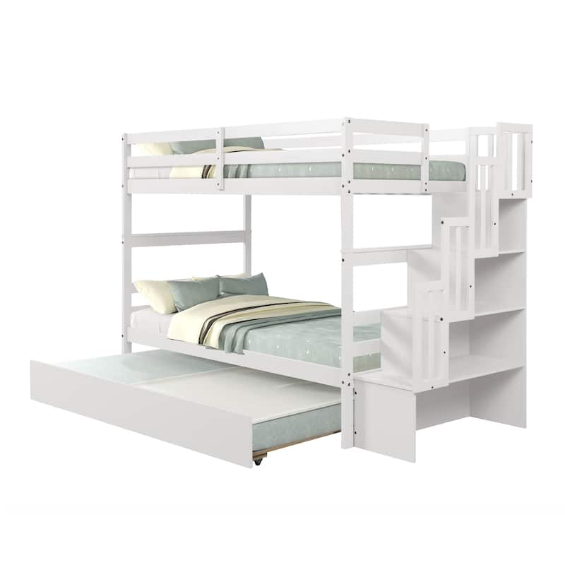 Twin over Twin Bunk beds With Twin Trundle and Stairway Storage Function in White color