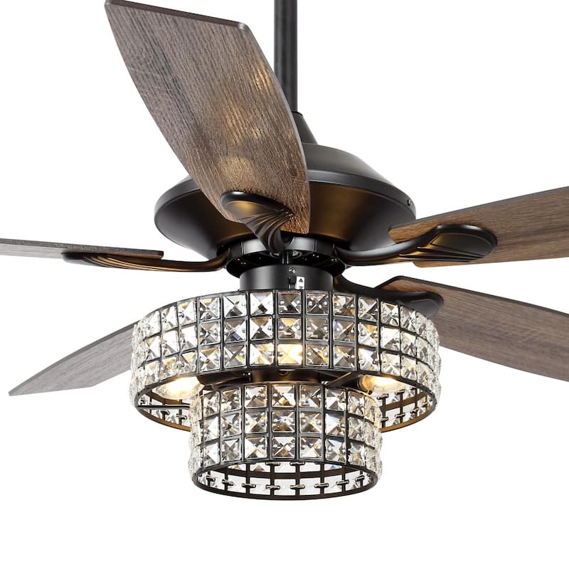 52-inch Matte Black Modern Crystal Downrod Mount Fandelier Ceiling Fan with Light and Remote