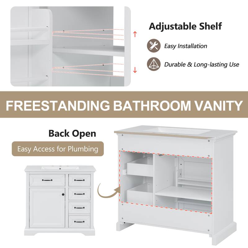 36" Freestanding Bathroom Vanity with Ceramic Sink, Adjustable Shelf, and Soft-Close Doors