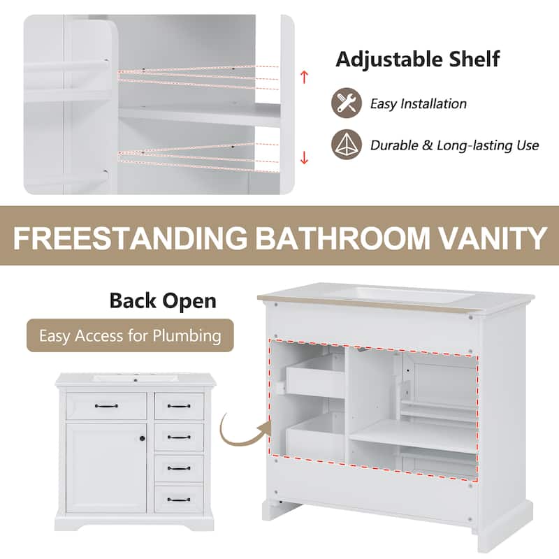 Grey 36-Inch Bathroom Vanity with 2 Tip-Out Drawers, Ceramic Sink, and Painted Finish