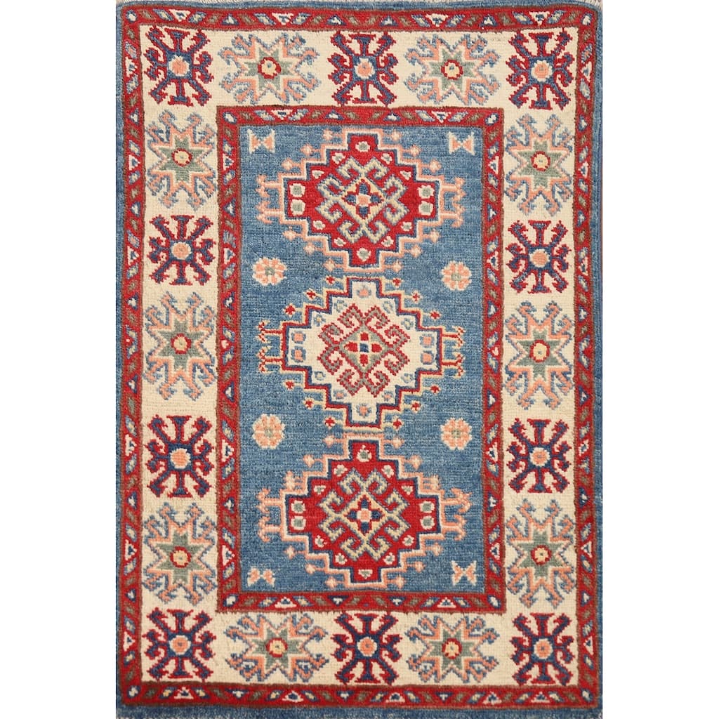 Traditional Blue Kazak Oriental Foyer Rug Hand-Knotted Wool Carpet - 2'0"x 3'0"