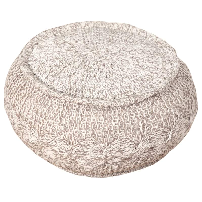 20" Tan and Gray Hand Knotted Round Pouf Ottoman