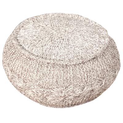 20" Tan and Gray Hand Knotted Round Pouf Ottoman