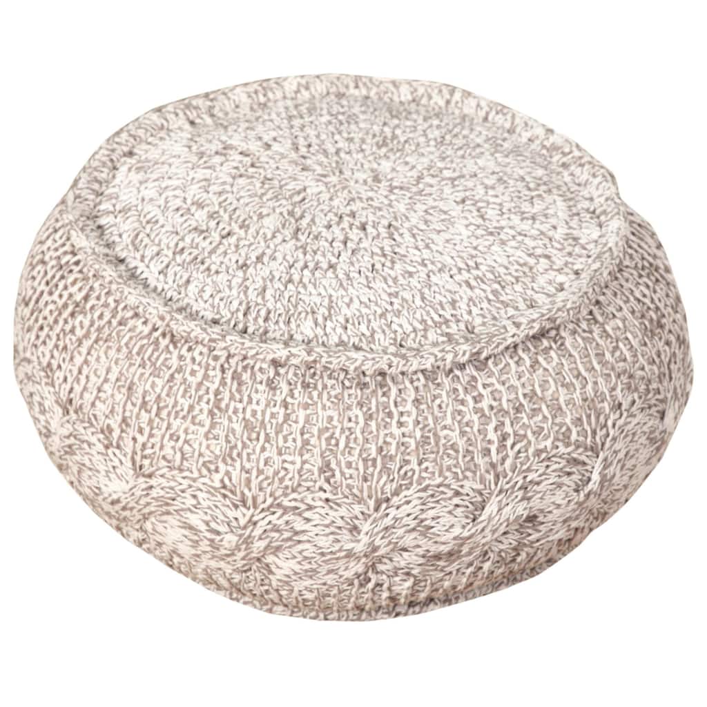 20" Tan and Gray Hand Knotted Round Pouf Ottoman