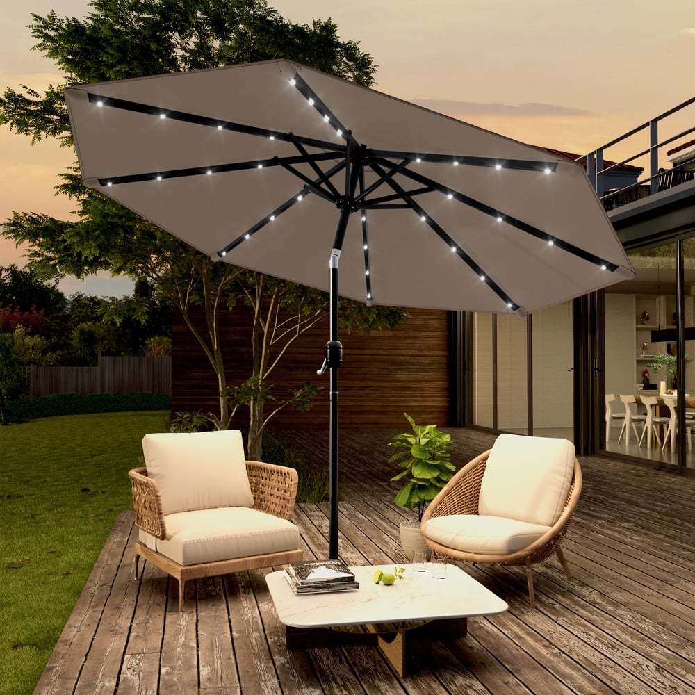 LIVOOSUN 9Ft Solar-powered Large Round Outdoor Patio Market Umbrella with Crank