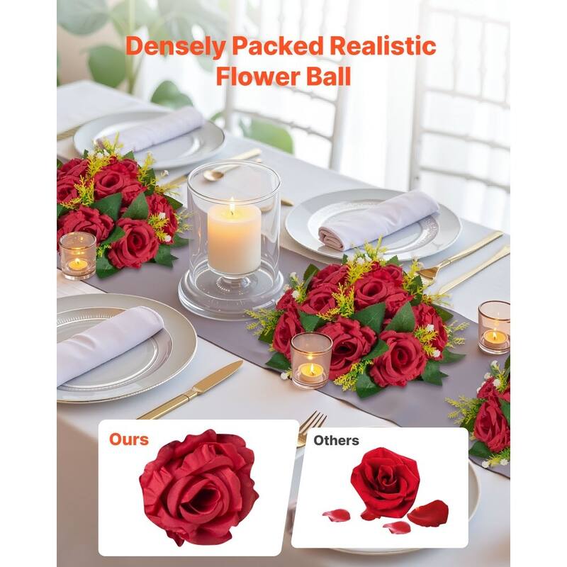 Red Silk Rose Flower Balls Set of 10 with Stable Base for Decor - 9.45 x 9.45 x 4.27 inch