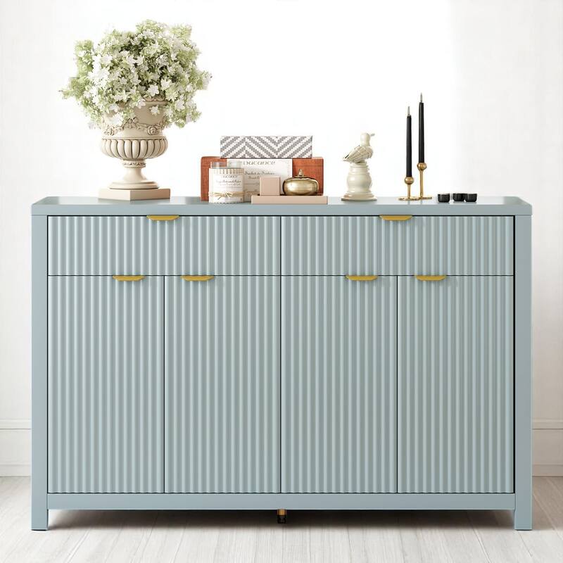 Wave-Grain Sideboard Buffet Cabinet with Drawers and Adjustable Shelves, 55in Console Table with Aluminum Handles - Cyan