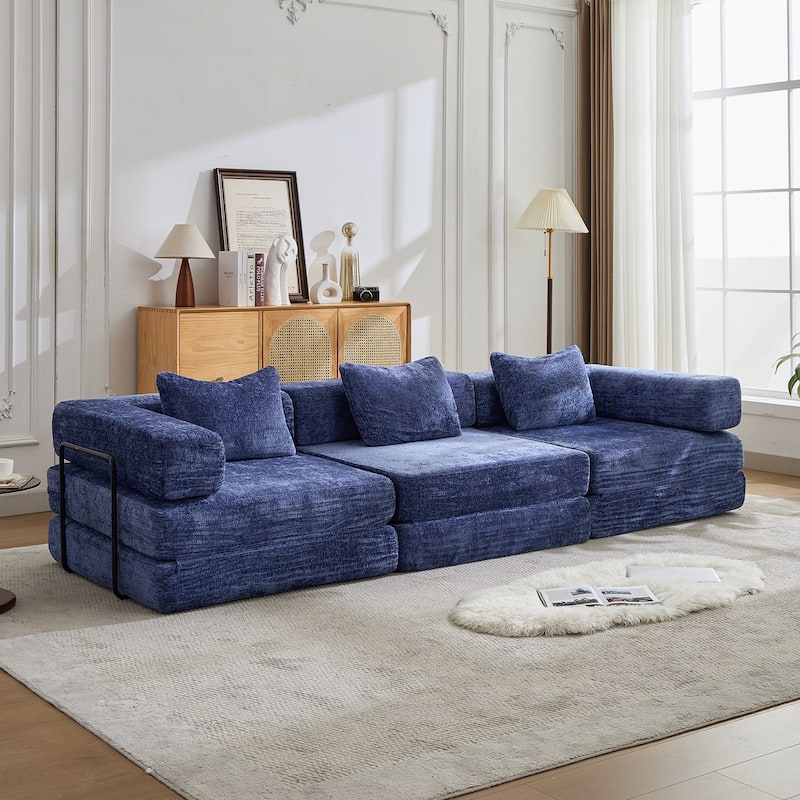 Free Combination Lazy Folding Sectional Sofa Chenille Modular Sleeper Sofa Bed Floor Standing Compression Mattress - Dark Blue