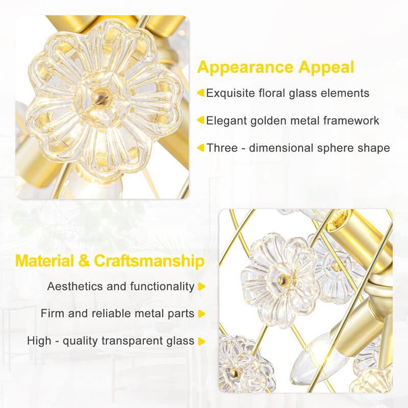 Modern 6-Light Glass Flower Globe Pendant Chandelier for Dining Room