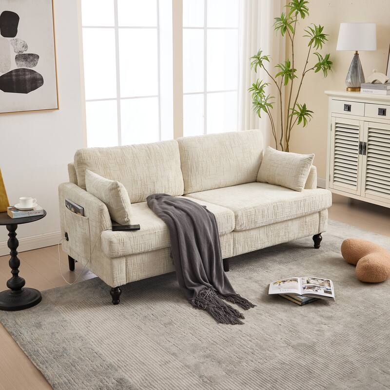 Modern Style Chenille 2-Seater Wood-Legged Sofa With Led Light, Usb Charging Port And Storage Bag Living Room Bedroom Study Room