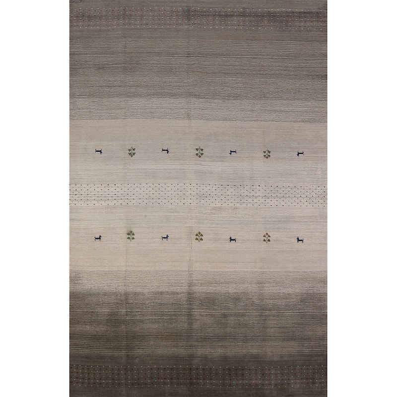 Striped Tribal Gabbeh Oriental Rug Hand-Knotted Beige Wool Carpet - 6'0" x 9'8"
