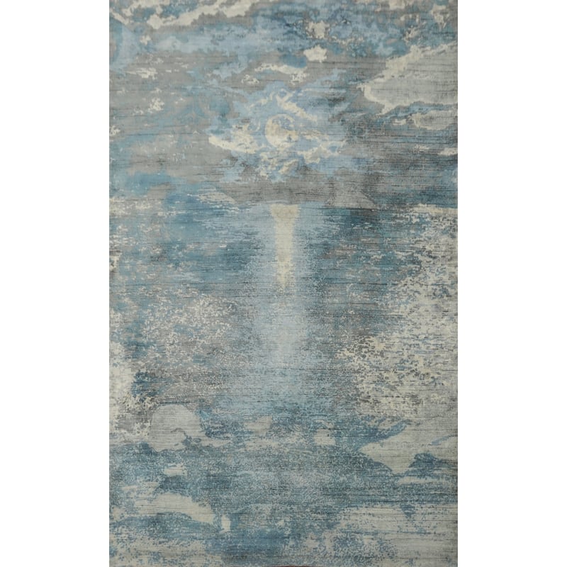 Hand-knotted Modern Silk Blue Abstract Oriental Area Rug - 8' 0'' X 4' 11''