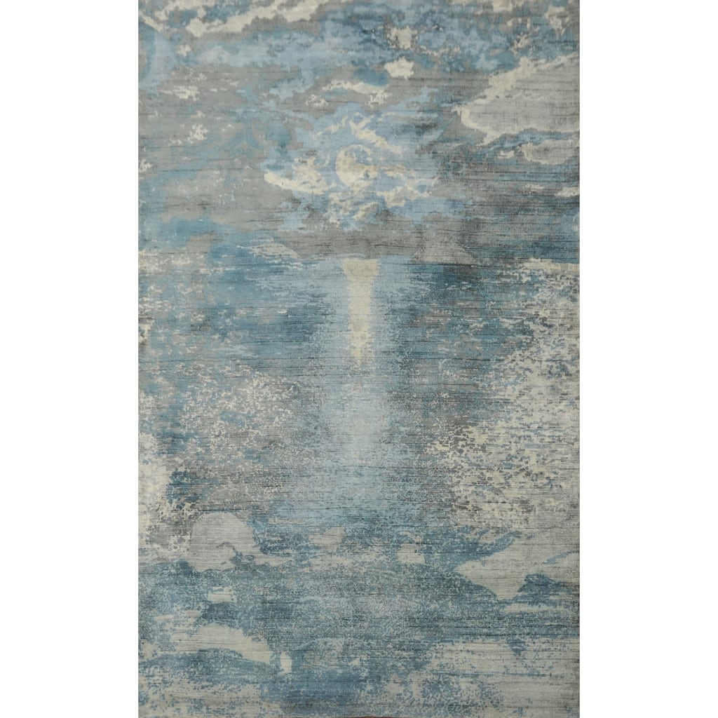 Hand-knotted Modern Silk Blue Abstract Oriental Area Rug - 8' 0'' X 4' 11''