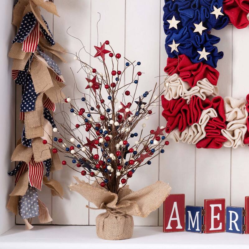 Glitzhome 20"H Patriotic July 4th Berry Stars Table Tree - Star