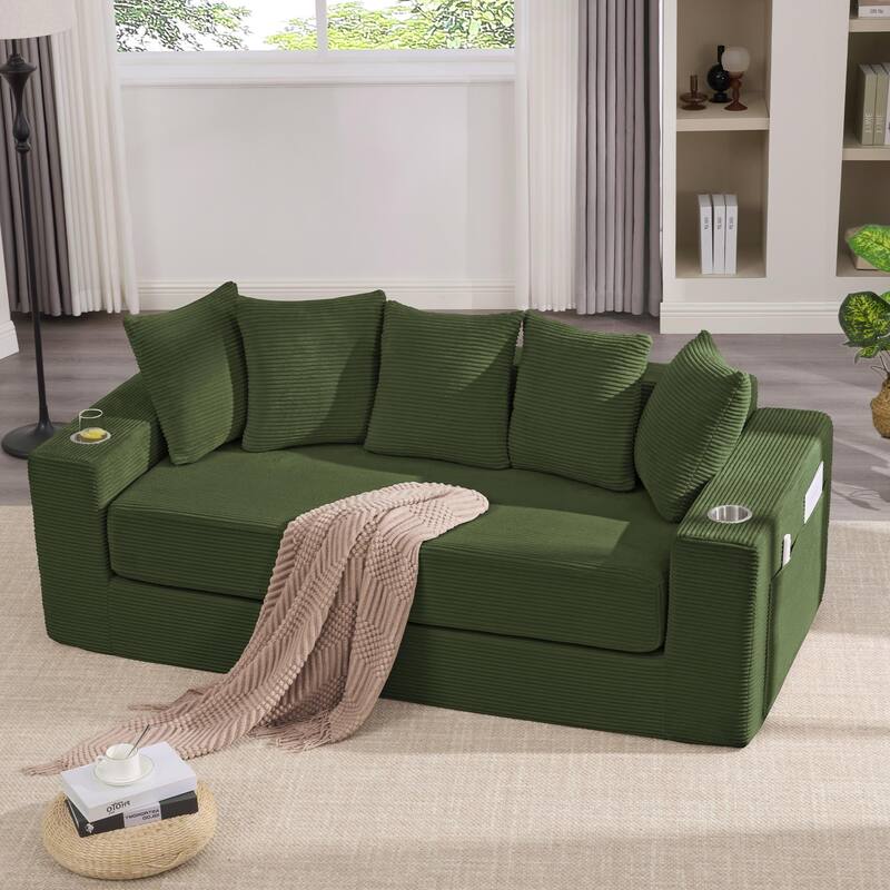 2-in-1 Convertible Sleeper Sofa, Floor Folding Couch, Sofa Bed with Side Pocket, Pull Out Loveseat with Cup Holders