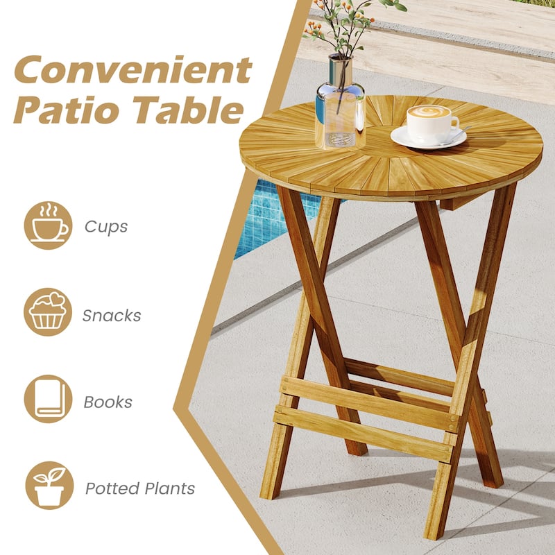 Gymax Patio Folding Side Table 23.5'' Teak Wood Round End Table Fully