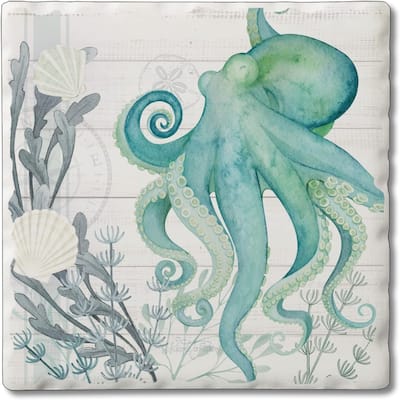Absorbent Stone Tumbled Tile Coasters, Beach Therapy Octopus, Set of 4