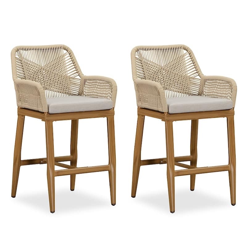 PURPLE LEAF Outdoor Bar Stools Chair Set of 2, All Weather Rattan and Aluminum Patio Bar Stool with Cushion - Brown-counter stool