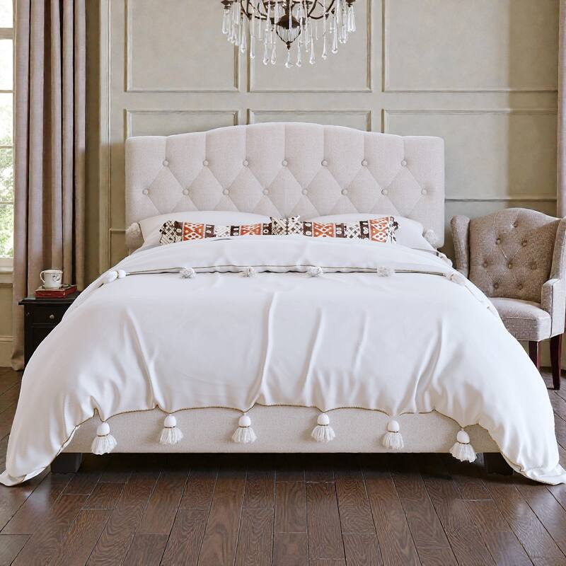 Upholstered Platform Bed with Adjustable Saddle-Curved Diamond Tufted Headboard, Wooden Slats and Metal Support