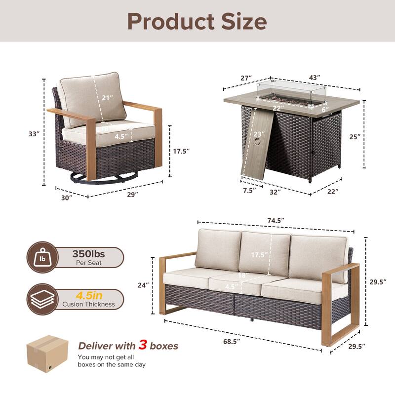 Meyreso Wicker Outdoor Patio Fire Pit Set with Swivel Gliders & 4.5" Olefin Cushions