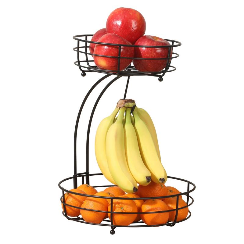Gibson Home Fruit Basket Bowl with Banana Hanger - Black Metal Wire & Rubberwood Base - Countertop Produce Stand for Fruits