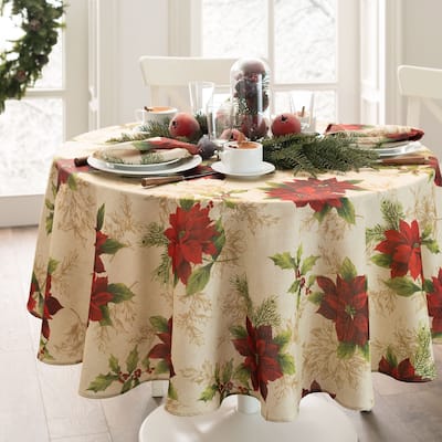 Festive Poinsettia Holiday Fabric Tablecloth