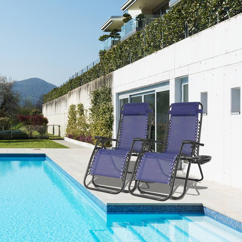 Set of 2 Zero Gravity Recliner Lounge Chairs with Cup Holders, Folding Patio Camping Beach Chairs for Outdoor Relaxation