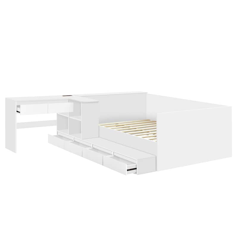 Full Wood Platform Bed - 6 Drawers, Shelves & Dressing Table, Space-Saving Design