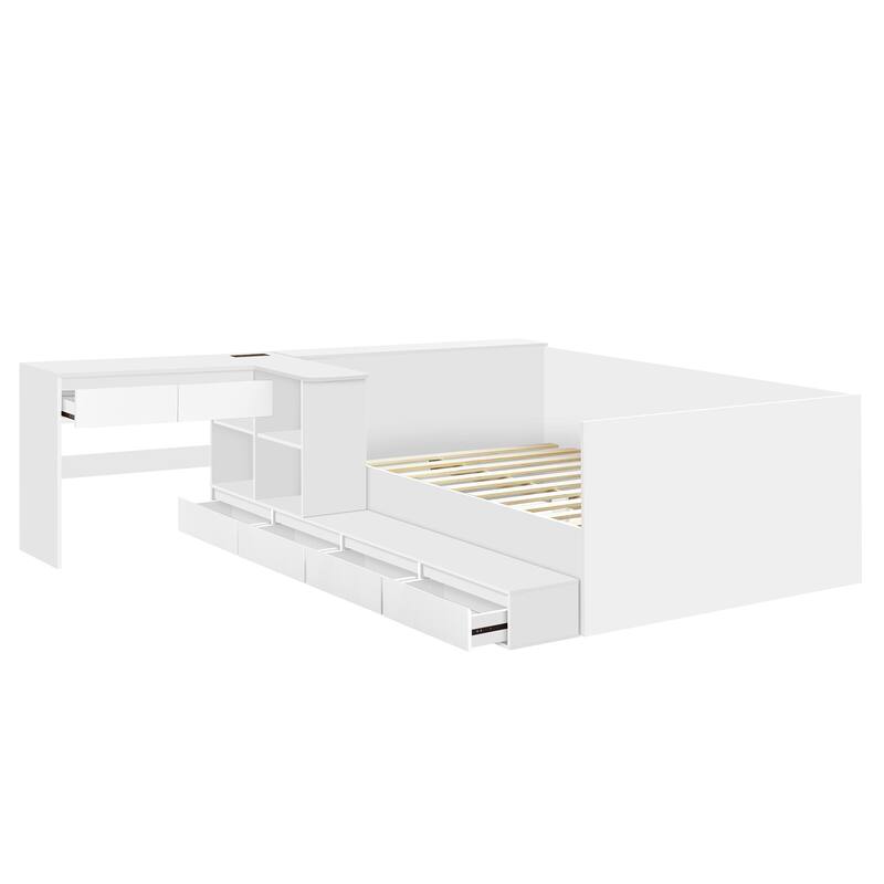 Full size Wooden Platform Bed with 6 Drawers, Shelves and Dressing Table, White