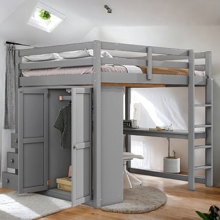 Wood Full Size Loft Bed with Wardrobe, Desk, Shelves and Drawers, Gray