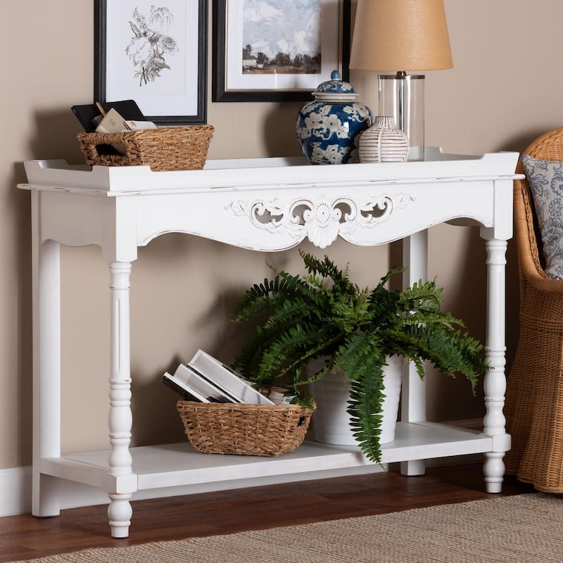 Rafferty Distressed Console Table - Vintage White Accent Table with Ornate Carved Apron and Shelf, Classic Entryway Table