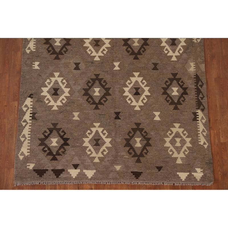 Hand Woven Oriental 100% Wool Carpet Southwestern Geometric Brown Kilim Area Rug - 6' 4'' X 5' 0''