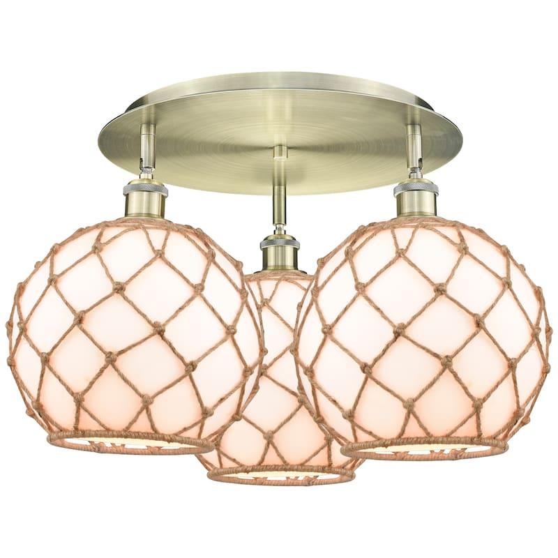 Innovations Lighting Endless Possibilities Ballston - Farmhouse Rope - 3 Light 22" Flush Mount - Antique Brass/White Glass with Brown Rope