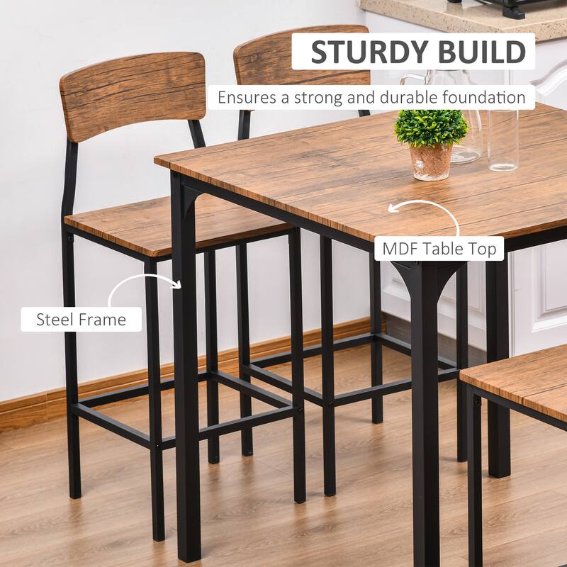Industrial 5-Piece Bar Table Set with Pub Table and 4 Bar Stools, Walnut Bistro Table Set with Steel Legs