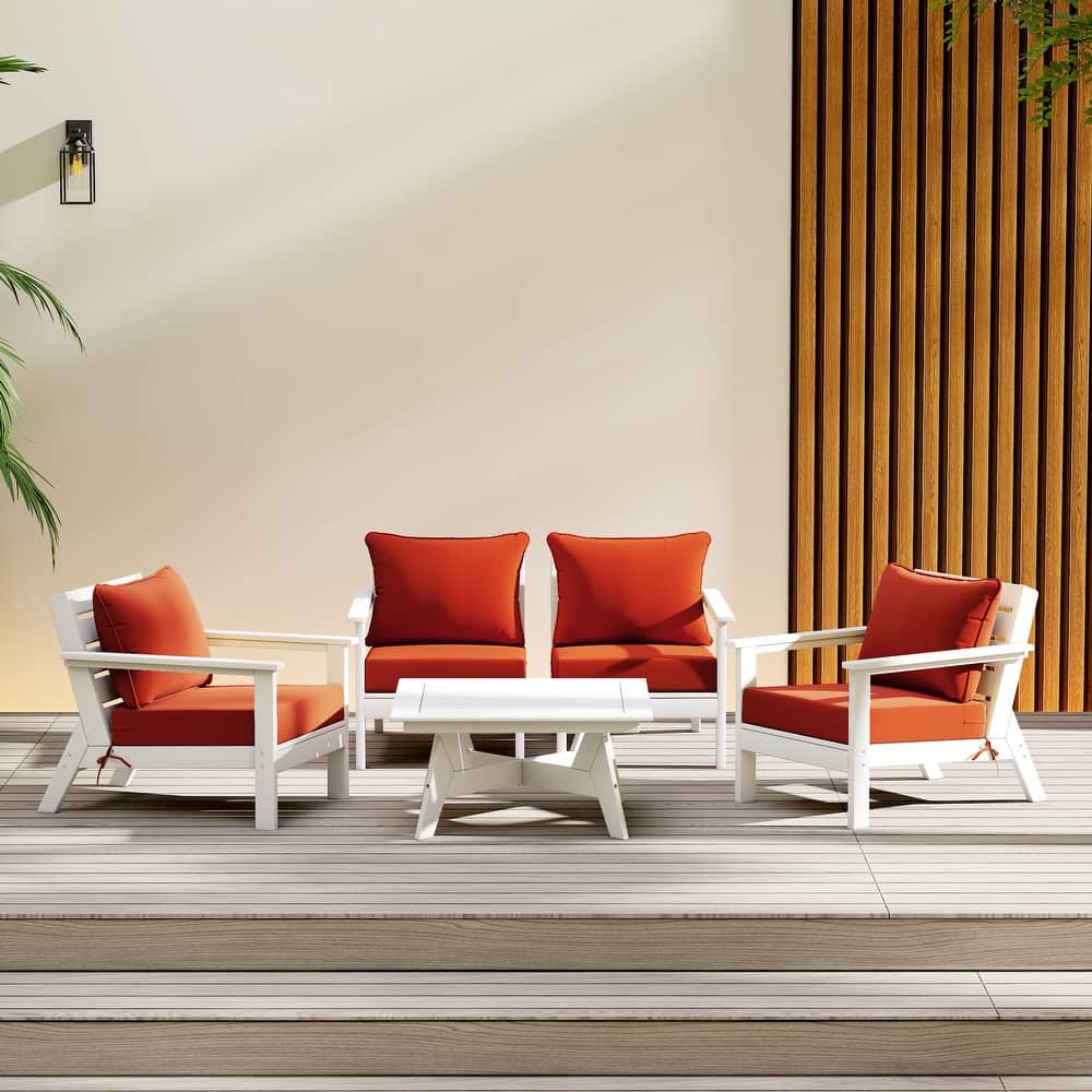 Birchwood All Weather HDPE Outdoor Patio White Deep Seating Conversation Set (5-Piece Set)