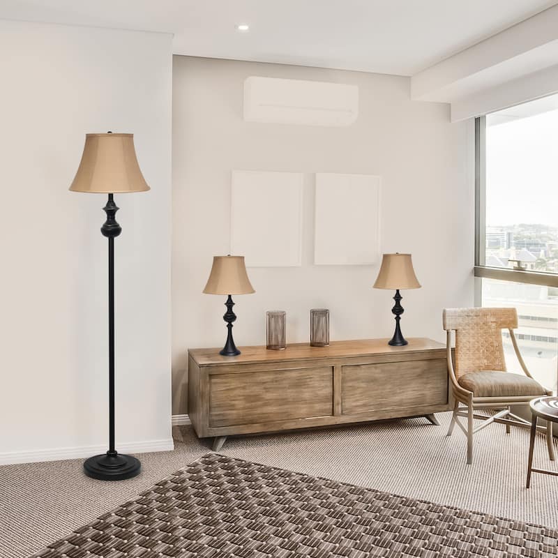 Elegant Designs Traditionally Crafted 3 Pack Lamp Set (2 Table Lamps, 1 Floor Lamp) with Tan Shades, Restoration Bronze - N/A