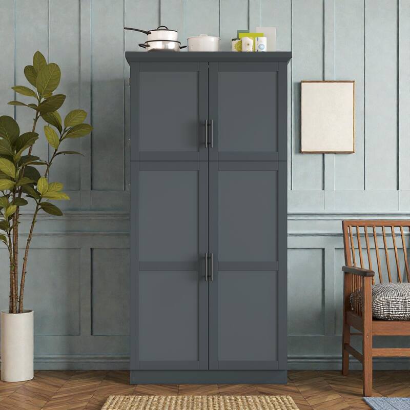 35.5 Inch Freestanding Kitchen Pantry Cabinet with 4 Doors, 8 Pull-Out Trays, Adjustable Shelves, Tall Dining Storage Organizer - Grey