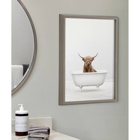 Kate and Laurel Blake Highland Cow Solo Bathtub Framed Printed Glass by Amy Peterson