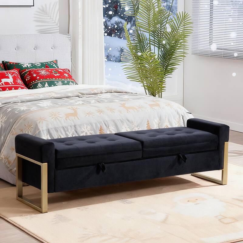 66" Storage Bench King Size End of Bed with Double Lids and Gold Legs - Black - Velvet