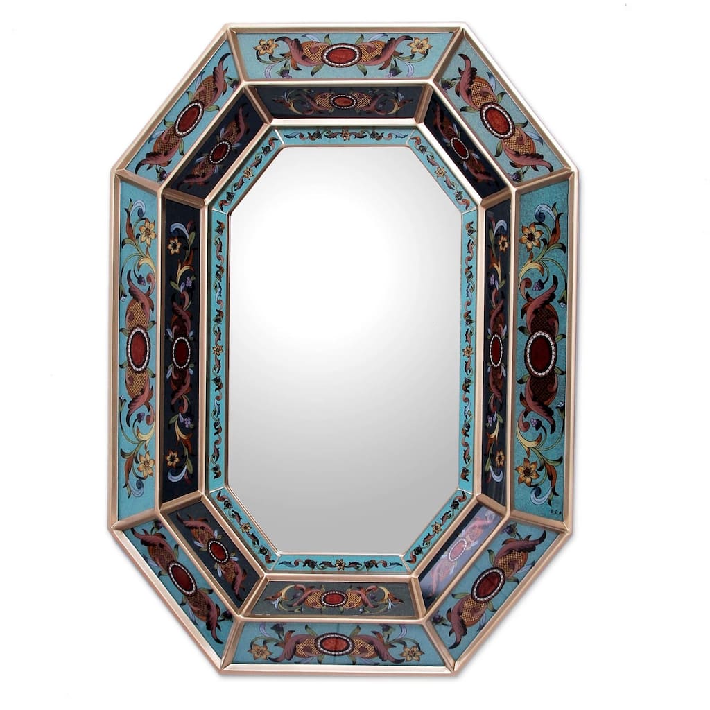 Home Decor Reverse Painted Glass Floral Red - Blue