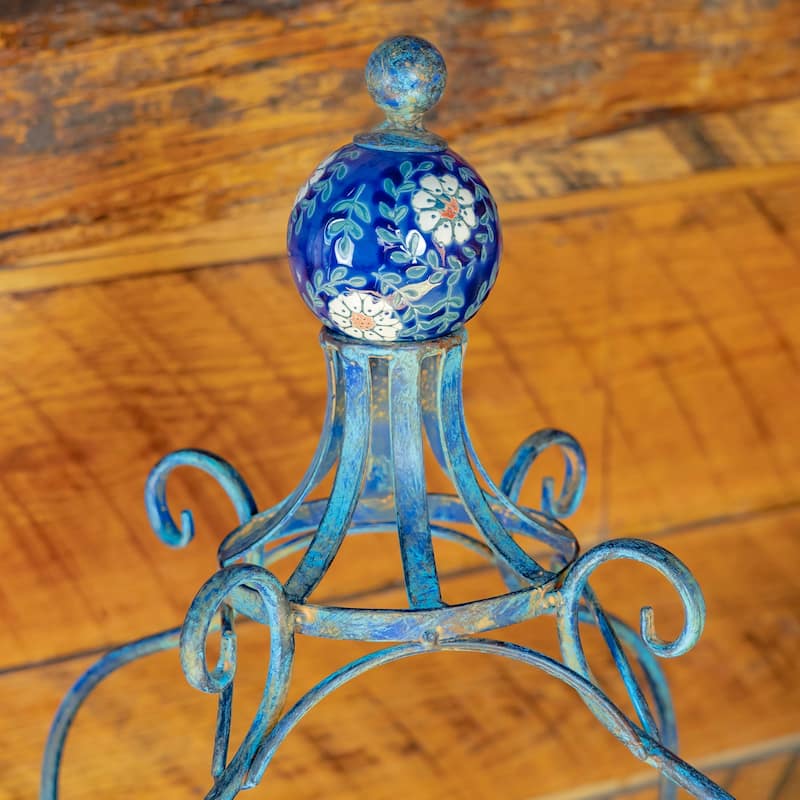 45 Inch Tall Standing Blue Iron Birdbath with Ceramic Sailor Ball - 14.57x14.57x44.88