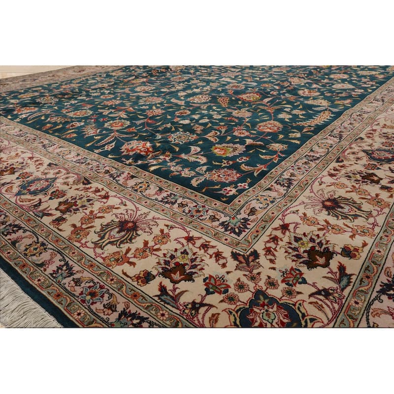 Hand Knotted Teal Persian Wool & Silk Traditional Oriental Area Rug - 10' x 13' 4''