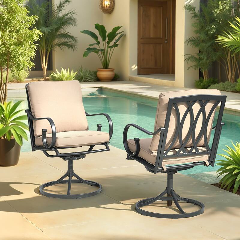 EROMMY Patio Swivel Chairs Set of 2, 360° Rocking Outdoor Dining Chairs with Cushions and Metal Frame - Khaki